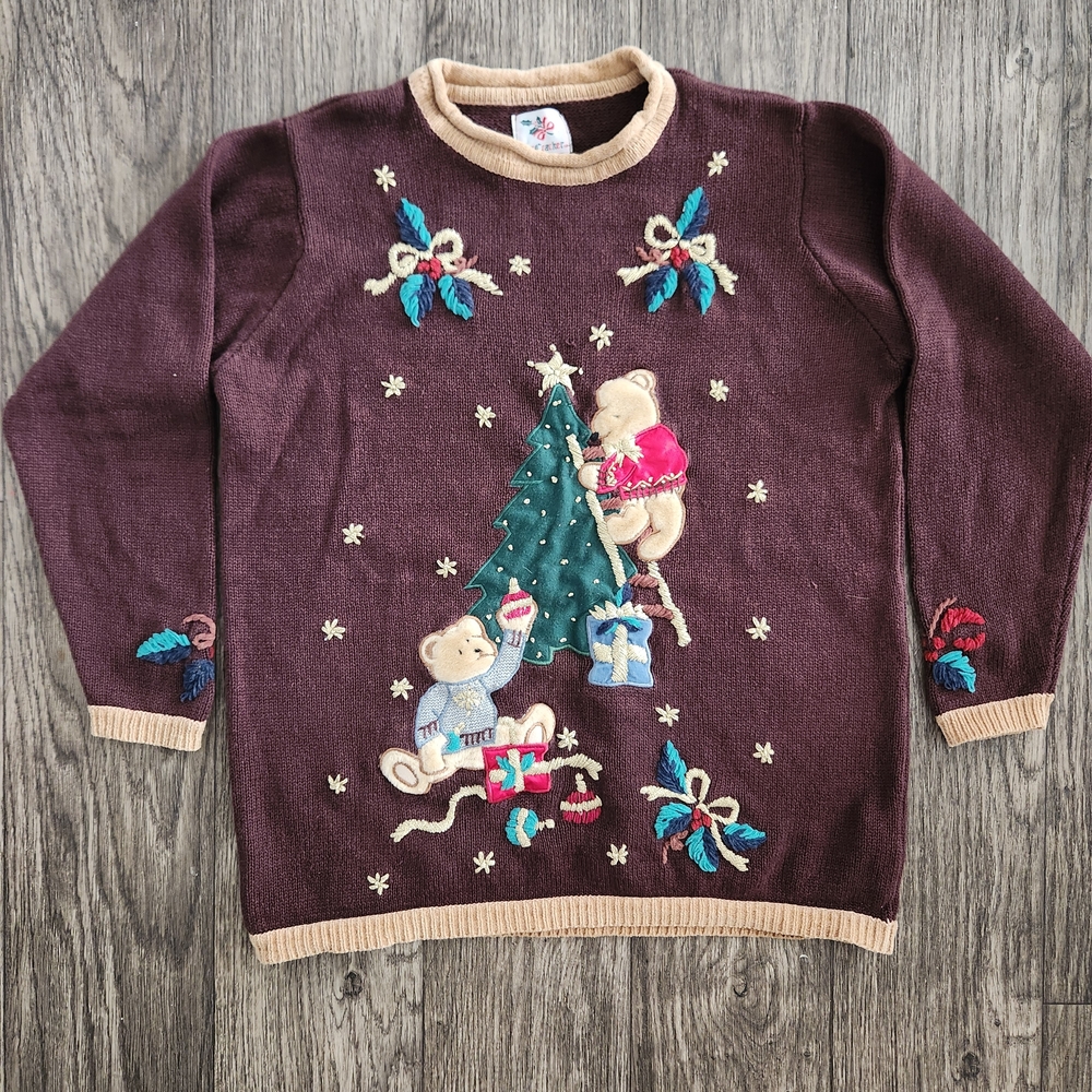 Nutcracker Vintage 90s Embroidered Christmas Tree Bear Brown Roll Neck Sweater